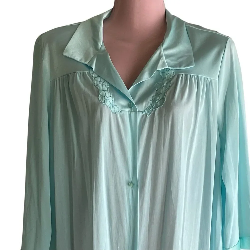 Vintage Vanity Fair Robe Women's Size Medium Dressing Gown Aqua Button Front